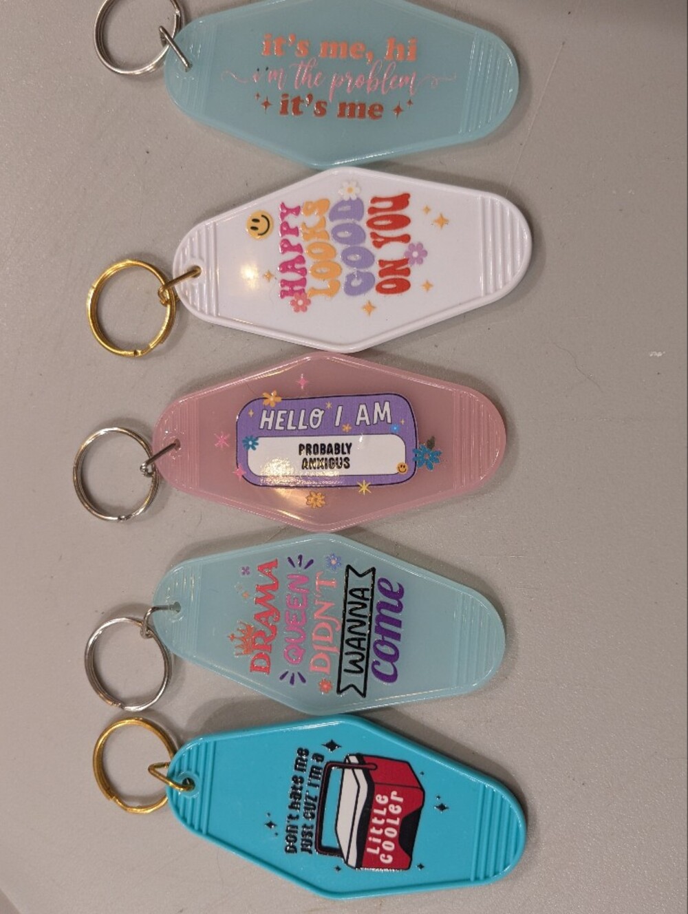 Retro Pastel Motel Keychain Set of 5 Funny Sarcastic Cute Novelty Keyring Bundle